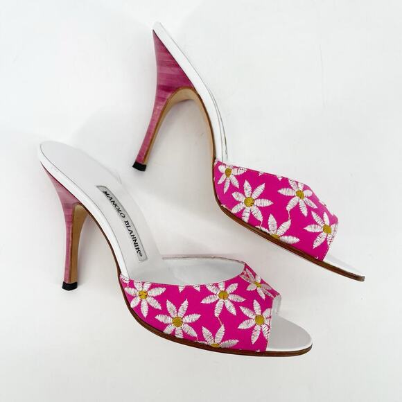 Manolo Blahnik Vintage y2k Pink White Daisy Floral Open Toe Mule Sandal IT 38 - Picture 4 of 13